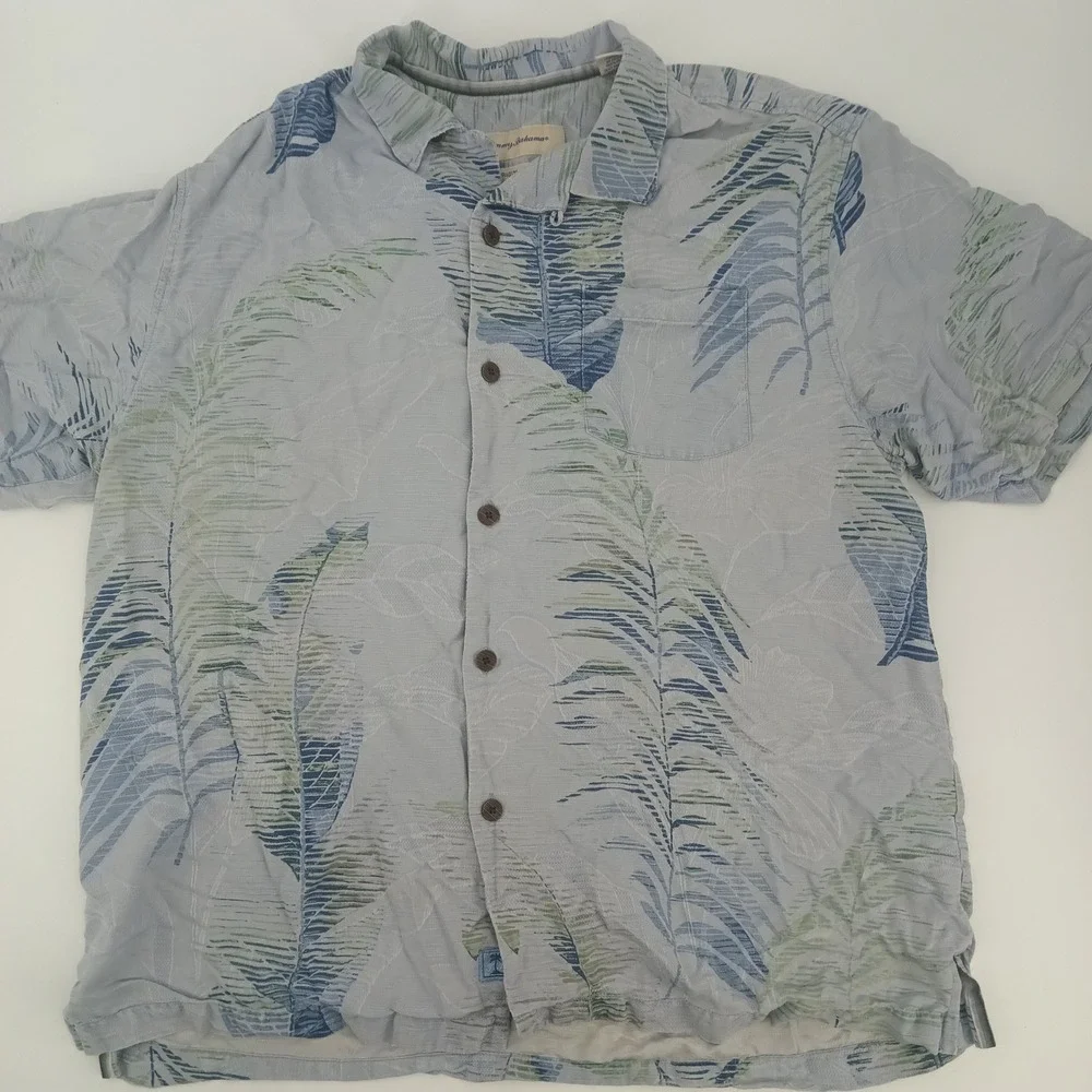 Tommy Bahama Mens L Silk Tropical Palm Leaf Print Button Down Camp Shirt Blue